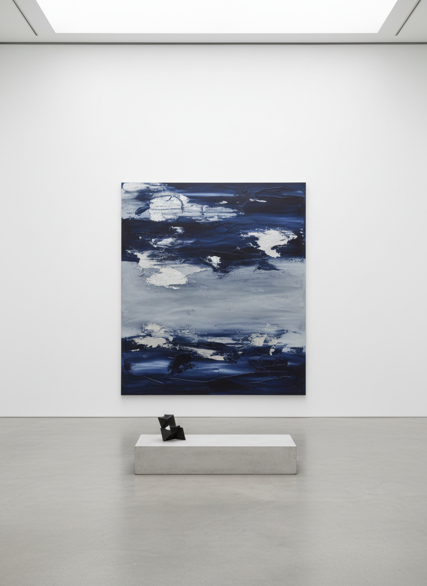 A pristine white-walled contemporary gallery interior featuring a single large abstract painting as the focal point, captured in photographic realism. The artwork is a richly textured canvas with layered fields of deep indigo, soft dove grey, and subtle metallic silver, with visible brushstrokes and raised paint ridges. It hangs on a flawless wall above a low, minimalist concrete plinth displaying a small sculptural object in matte black steel. Soft, diffused natural light enters from an unseen skylight, creating gentle gradients on the walls and faint shadows at the base of the plinth. Shot at eye level with a wide lens, the composition uses negative space and clean lines to convey a sophisticated, calm, museum-like atmosphere ideal for a high-end art dealer.