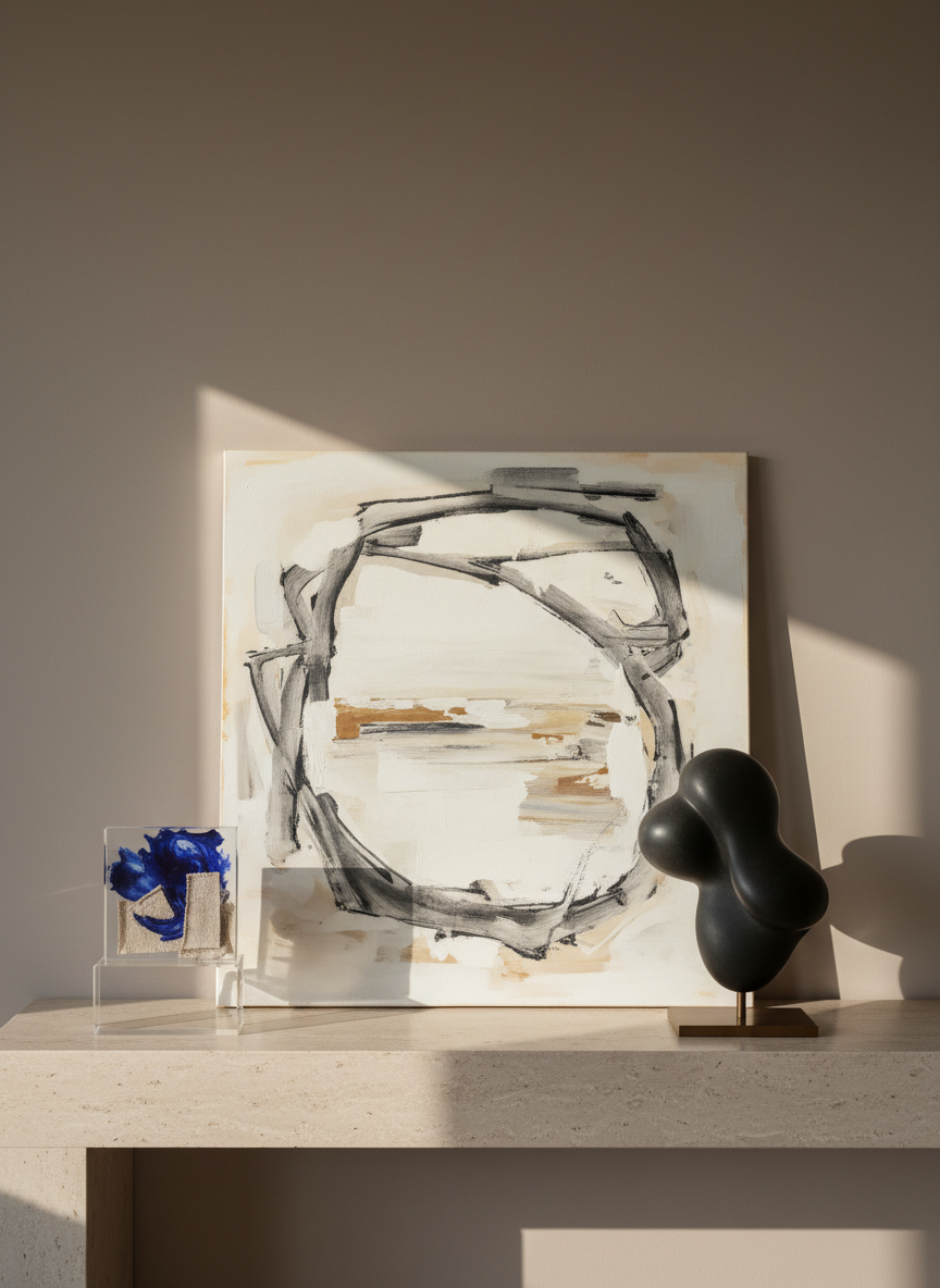 An elegantly arranged collector’s tabletop vignette featuring a small curated group of contemporary artworks, photographed in a sophisticated, minimalist living space. On a pale limestone console against a soft taupe wall, a mid-sized abstract painting leans casually, its surface composed of gestural charcoal marks over a field of layered off-whites and muted ochres. Beside it, a smooth black basalt sculpture with a looping, biomorphic form rests on a slim bronze base. A thin glass plinth holds a compact mixed-media piece with embedded pigment and fragments of raw linen. Late afternoon natural light enters from the right, creating long, refined shadows and highlighting fine textures. Captured at eye level with a shallow depth of field and rule-of-thirds composition, the mood is intimate, understated, and luxurious, evoking the relationship between contemporary art, collectors, and sophisticated interiors.