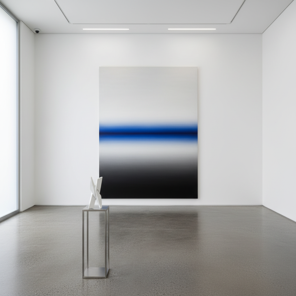 A serene, high-ceilinged viewing space designed for a single monumental contemporary artwork, captured in photographic realism. At the far end of the room, a large vertical canvas composed of soft gradients from charcoal to misty white, punctuated by a narrow band of luminous cobalt, dominates a flawless wall. The polished concrete floor subtly mirrors the artwork’s tones. A slender, brushed-steel floor plinth displays a minimal sculptural piece: a precise, interlocking form in matte white resin with razor-clean edges. Overhead, hidden linear LEDs cast even, cool light that reveals every nuance of texture without glare, while daylight from a tall, frosted side window adds a faint, atmospheric glow. Photographed from a central, slightly low angle, the composition feels contemplative, architectural, and exquisitely restrained, emphasizing Meng’s curatorial sophistication.