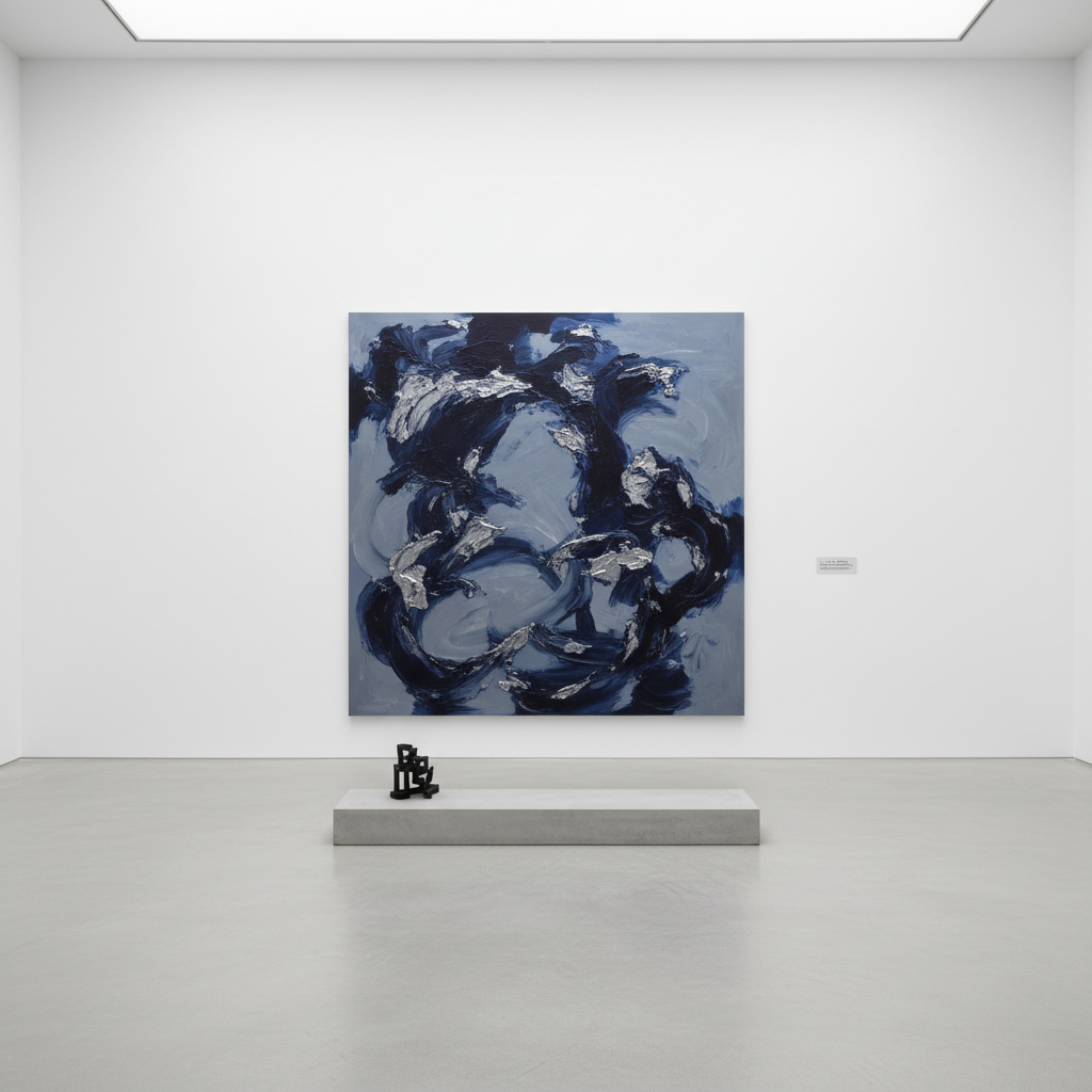 A pristine white-walled contemporary gallery interior featuring a single large abstract painting as the focal point, captured in photographic realism. The artwork is a richly textured canvas with layered fields of deep indigo, soft dove grey, and subtle metallic silver, with visible brushstrokes and raised paint ridges. It hangs on a flawless wall above a low, minimalist concrete plinth displaying a small sculptural object in matte black steel. Soft, diffused natural light enters from an unseen skylight, creating gentle gradients on the walls and faint shadows at the base of the plinth. Shot at eye level with a wide lens, the composition uses negative space and clean lines to convey a sophisticated, calm, museum-like atmosphere ideal for a high-end art dealer.