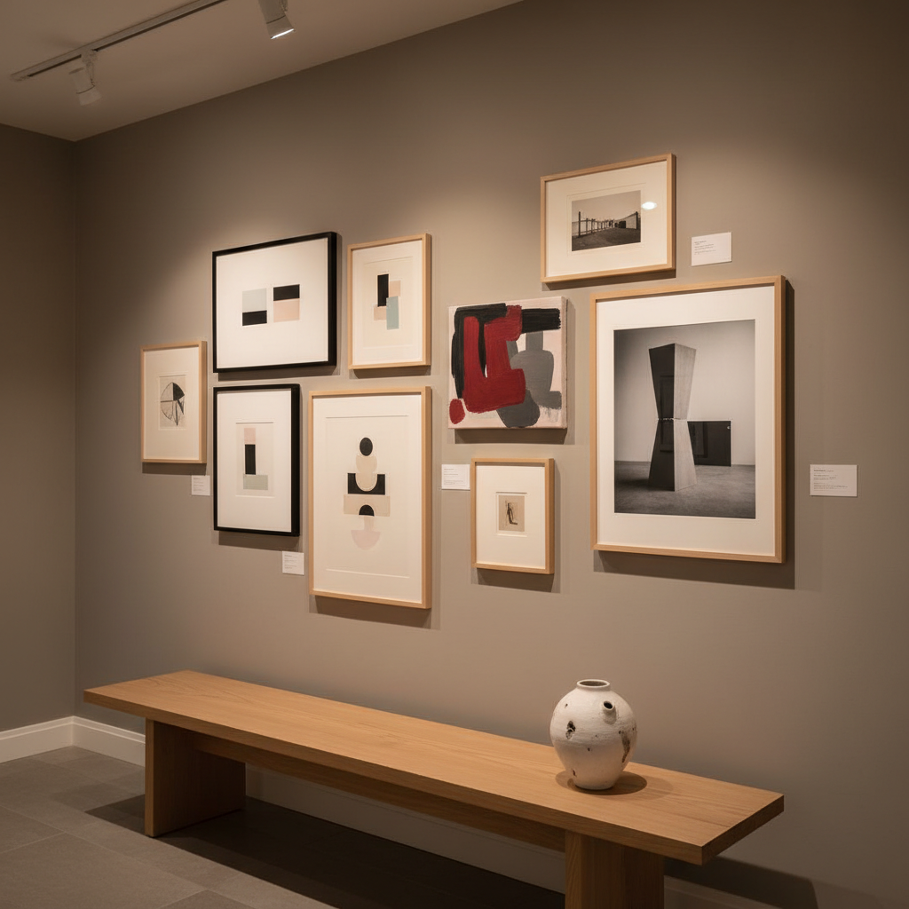 A meticulously curated salon-style wall of contemporary artworks in a refined private viewing room, rendered in photographic realism. Various carefully framed pieces—minimalist geometric prints, a small expressive gestural painting with bold crimson strokes, and a monochrome photographic artwork—are arranged with precise spacing on a warm grey wall. Below, a low, elongated oak display bench holds a single hand-built ceramic vessel with a matte, chalky white surface and subtle imperfections. Soft, warm gallery track lighting creates pools of illumination on each artwork, with delicate shadows outlining the frames. Captured from a slightly elevated, three-quarter angle, the composition emphasizes order, balance, and quiet luxury, conveying the role of a sophisticated dealer presenting a thoughtfully selected portfolio of contemporary artists.