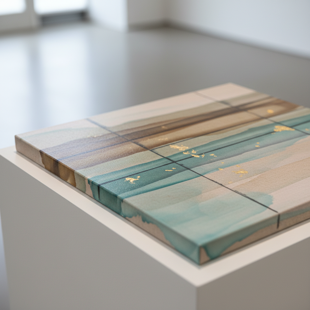 A close-up photographic view of a contemporary abstract painting resting on a minimal pedestal in a clean white gallery, emphasizing material detail and craftsmanship. The canvas surface reveals layered translucent glazes in muted teal, umber, and pale blush, intersected by razor-sharp lines of graphite and faint traces of gold leaf. The edges of the stretcher and the fine linen texture are visible, underscoring collectable quality. Soft studio lighting from the left produces a gentle sheen on the paint and accentuates the subtle relief of impasto areas, while the background fades into a soft, neutral blur. Shot with a shallow depth of field and a tight, asymmetrical composition, the image feels intimate, intellectual, and precise, ideal for a site focused on connecting discerning collectors with sophisticated contemporary works.